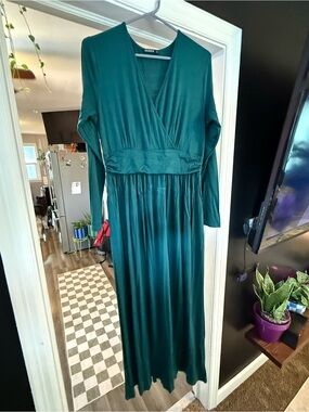 OUGES XL Emerald Green Long Sleeve Maxi Dress Wrap V Neck Wedding Guest